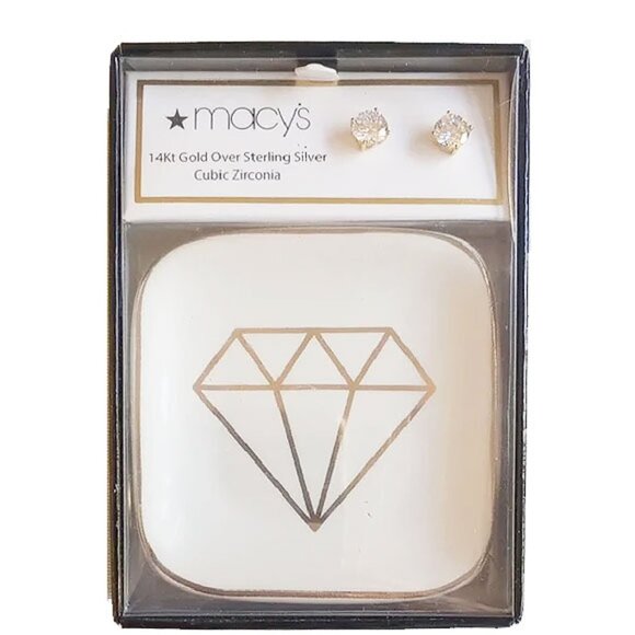 NWT 14K GP Sterling Silver 6mm Round CZ Stud Earrings Gift Set Ceramic Tray - Picture 1 of 6